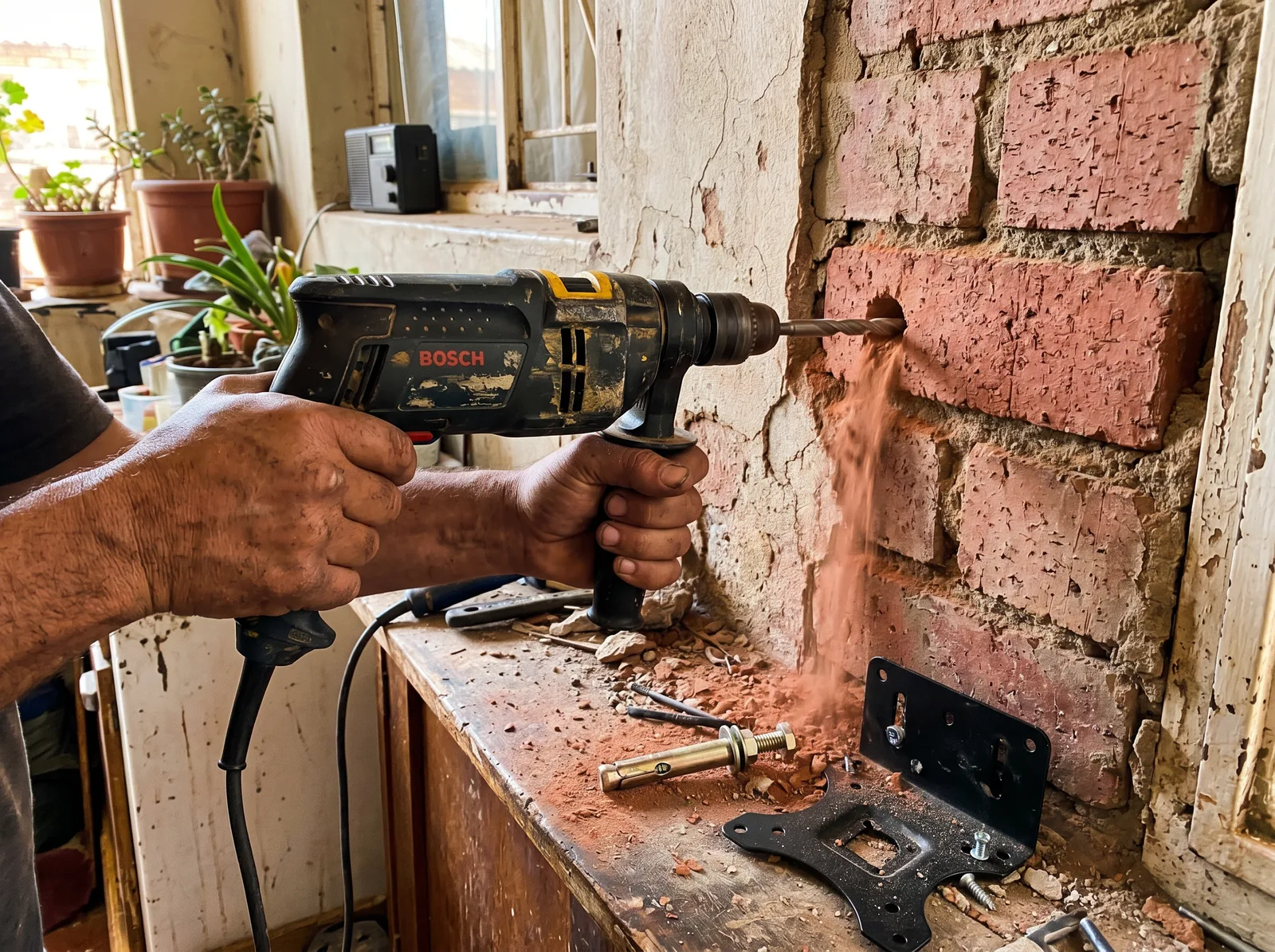Hammer drill boring an anchor hole into a face-brick masonry wall with an expansion anchor and TV bracket ready, Gauteng