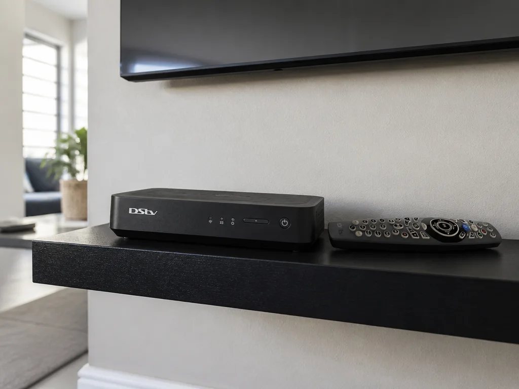 DStv Explora Ultra decoder on a floating shelf beneath a wall-mounted TV in a Gauteng lounge