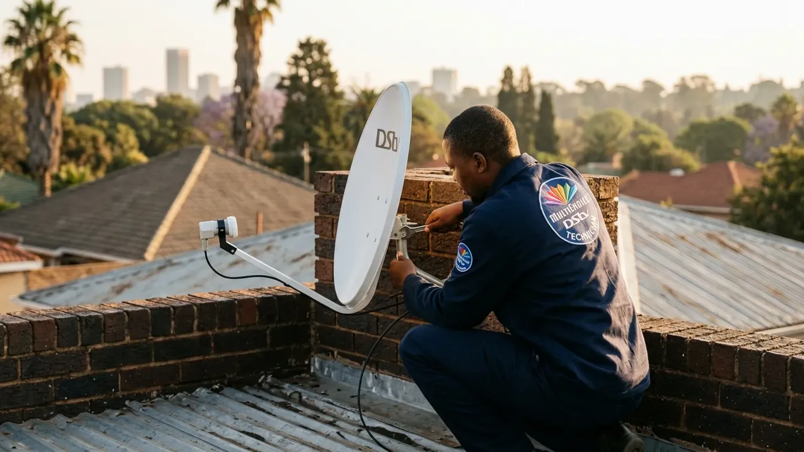 Accredited DSTV technician fitting a satellite dish on a Gauteng face-brick home roof at sunrise